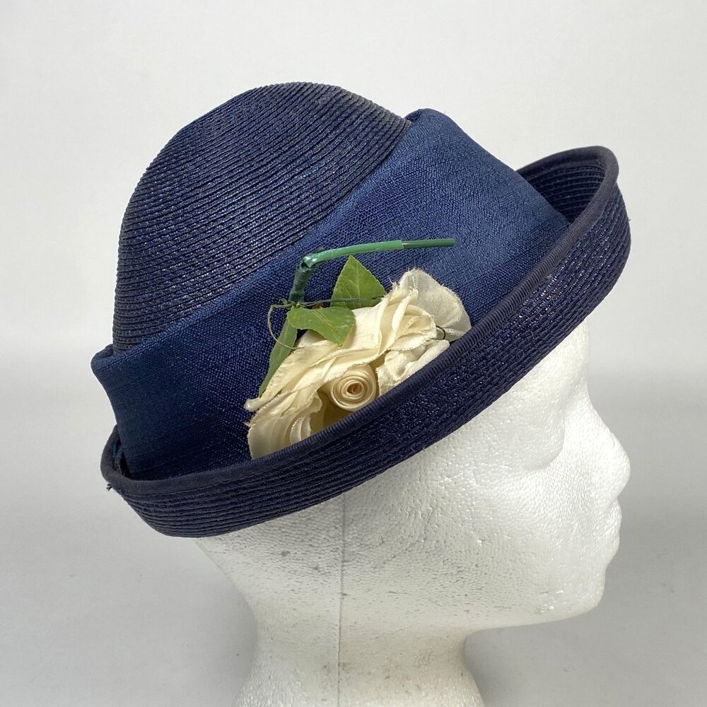 Vintage Navy Blue Ladies Hat Ivory Flower Accent Fabric Band Church Derby